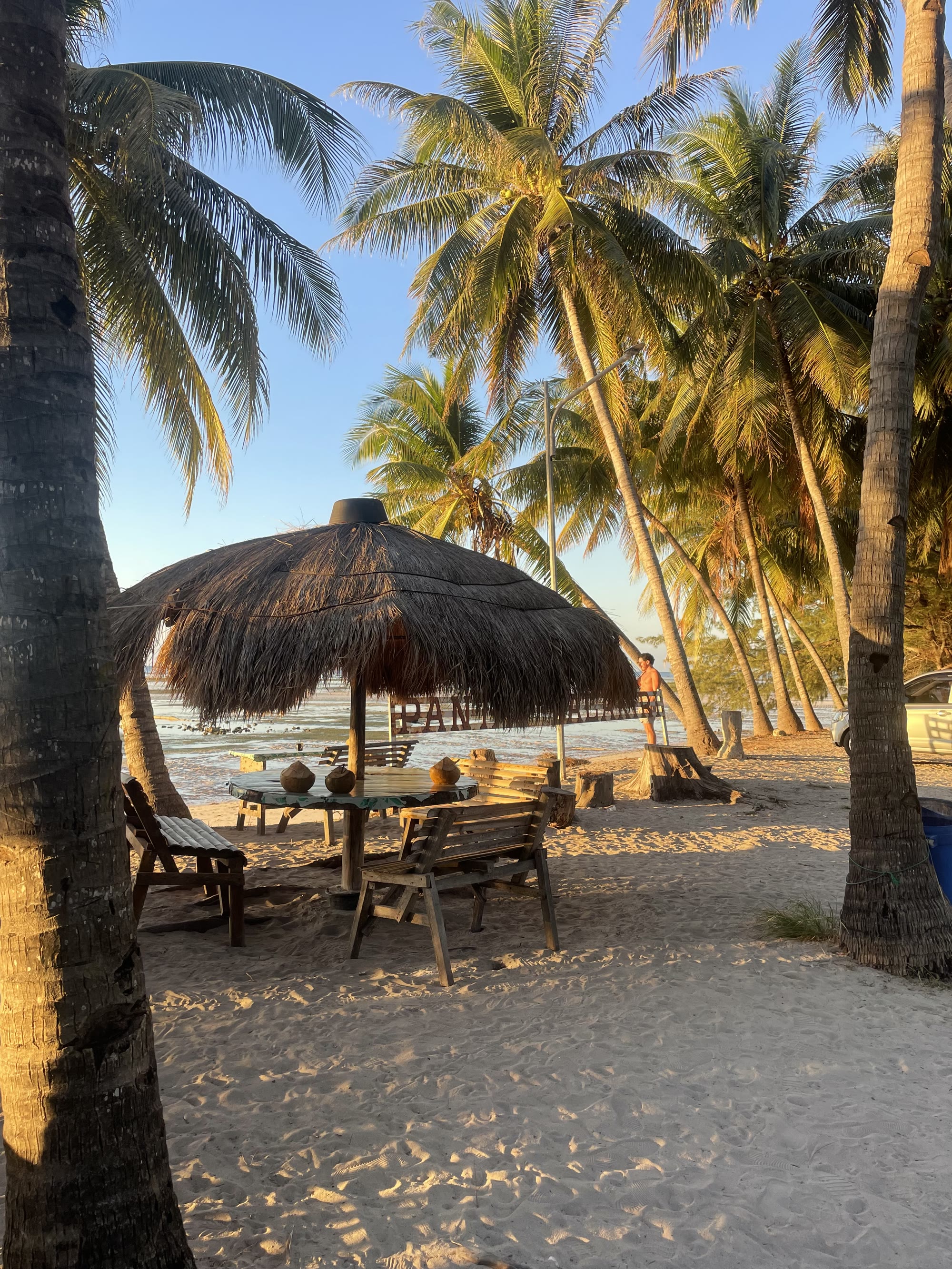 Palm-thatched shelter on the beach at sunset in eastern Sumba